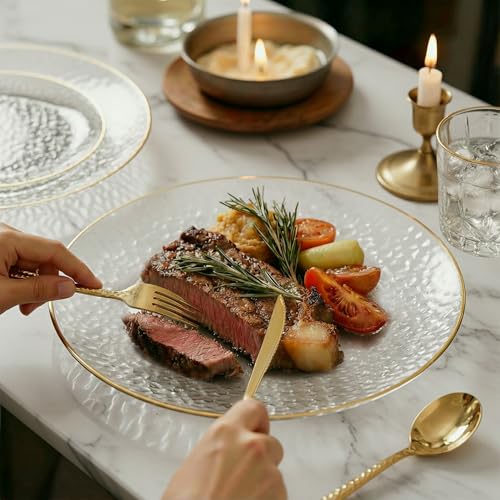 I00000 150 Clear Plastic Plates Set, Disposable Hammered Plates for party | Clear Plates with Gold Rim, Plastic Party Plates,Include 30 Dinner Plates, 30 Dessert Plates and 90 Silverware for Party