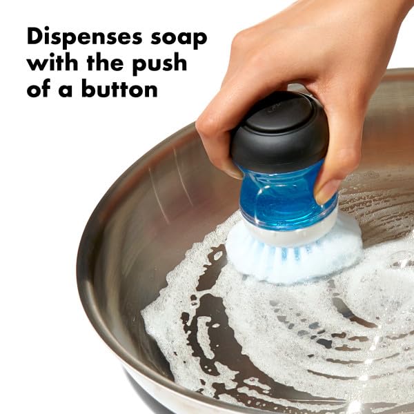 OXO Good Grips Soap Dispensing Palm Brush | Dish Scrub, Safe for All Cookware, Push-Button to Dispense Soap, Easy to Refill, Ideal for Cleaning Dishes
