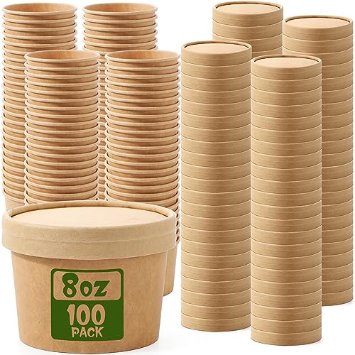 Fulmoon 8 oz 100 Pack Paper Containers with Lids Soup Bowl Cup, Brown | Disposable Ice Cream Cup, Kraft Food Containers with Vented Lid Stackable for Hot Soup Dessert Cake Fruit Microwave Takeout