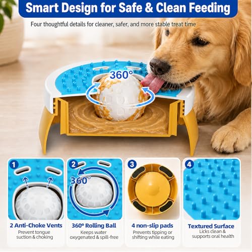 KILIN Slow Feeder Dog Licking Bowl with Rolling Ball,4 Non-Slip Pads,8fl oz | Dog Enrichment Toys for Dogs with Bone Broth, Yogurt and Wet Puppy Treat, Interactive Lick Ball for Dogs with Anxiety