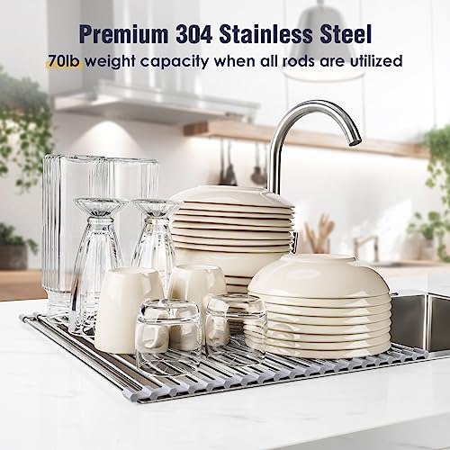 Tomorotec Roll Up Dish Drying Rack Over Sink, 304 Steel, 17.7x15.5, Grey | Anti-Slip Silicone Rims For Grip, Heat-Resistant Trivet Mat Holding Heavy Cookware, Rustproof Kitchen Counter Space Saver