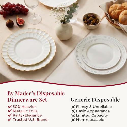 By Madee HEAVYWEIGHT Ivory Gold Scalloped Plastic Plates for Wedding 60 Pc | 30% Heavier • Heavy Duty Thanksgiving Plates • 30 Dinner & 30 Dessert • Friendsgiving Plates • Host Beautifully This Fall