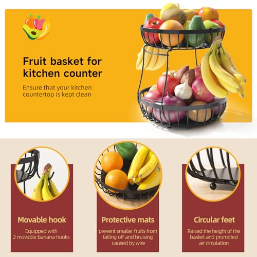 Sevenblue 2 Tier Large Fruit Bowl for Kitchen Counter with 2 Banana Hangers | Sturdy Metal Basket for Fruit, Bread & Onions, Modern Wire Fits Various Styles, Includes Food-Safe Mats to Keep Produce Fresh
