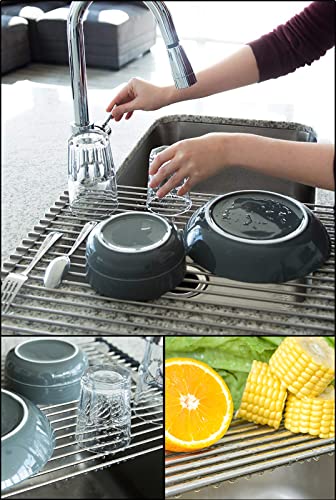 Tomorotec Roll Up Dish Drying Rack Over Sink, 304 Steel, 17.7x15.5, Grey | Anti-Slip Silicone Rims For Grip, Heat-Resistant Trivet Mat Holding Heavy Cookware, Rustproof Kitchen Counter Space Saver