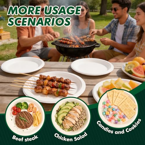 CELLURA 150 Pack Compostable Heavy Duty Paper Plates 10 Inch, Biodegradable Sugarcane Round White Disposable Paper Plates, Microwavable