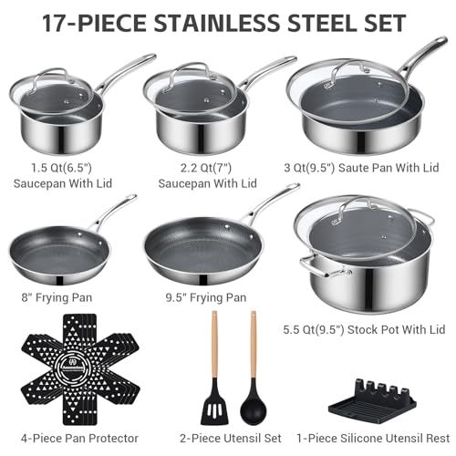 Ammeloo 17 Pcs Stainless Steel Cookware Set, Pots and Pans Set Non Stick
