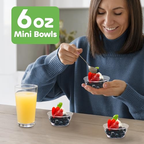6 Oz Clear Mini Plastic Dessert Bowls (100-Pack) Disposable Serving Bowls | Premium Hard Plastic Bowls for Serving Ice Cream, Salsa, Desserts, Snacks, Weddings, Catering, Home & Event Party Supplies
