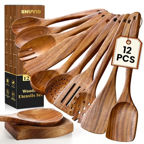 Wooden Spoons for Cooking, 12 Pcs Teak Wood Kitchen Utensils Set with Spoon Rest - Nonstick Heat Resistant Wooden Cooking Utensils, Natural Healthy Spatula Set for Pots and Pans