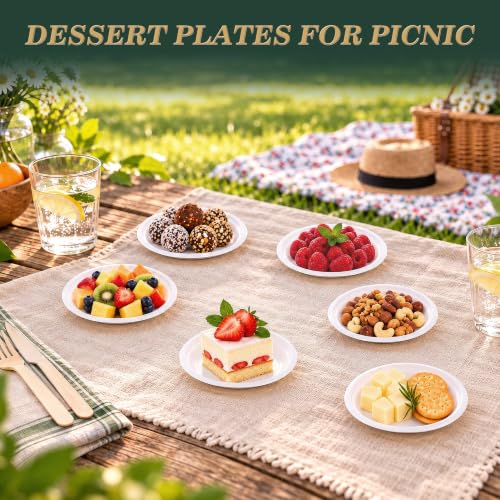 Pulvoro 6 Inch Compostable Small Paper Plates White 100 Count Heavy Duty | Disposable Dessert Plates, Biodegradable Sugarcane Bagasse, For Cake, Snacks, Kids Meals & Parties, Microwave Safe