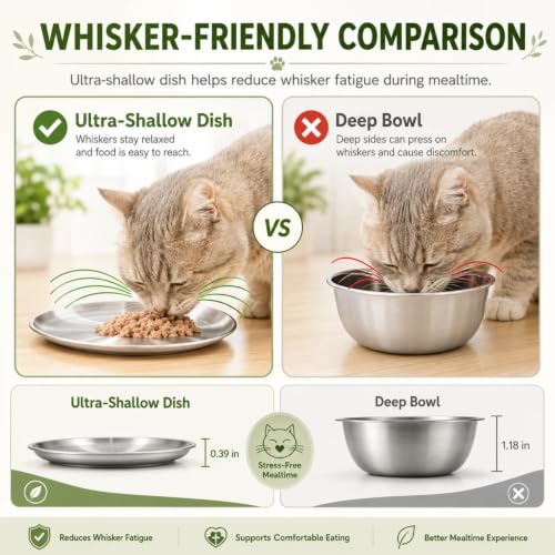 Belpeby 4 Pack Stainless Steel Shallow Cat Bowls，Whisker Safe Cat Plates | 4PCS 6.7 inch Metal Flat Shallow Wide Whisker Friendly Cat Food Water Feeding Bowl Dishes,Non Slip Dish for Wet Food