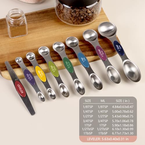 ChefAide Set of 8 Magnetic Measuring Spoons, Stainless Steel, Dual Sided | Stackable Metal Teaspoon & Tablespoon, with Leveler for Dry & Liquid Ingredients, Nesting, Dishwasher Safe, Practical Kitchen