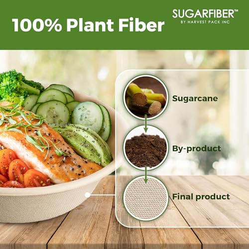 32oz Compostable Paper Bowls Disposable Round Natural Soup Bowls, 50 Count | Eco-Friendly,Heavy-Duty,Biodegradable,Sugarcane,Bagasse,Soup,Salad,Microwavable,Meal Prep,Takeout,Dinnerware,Sugarfiber