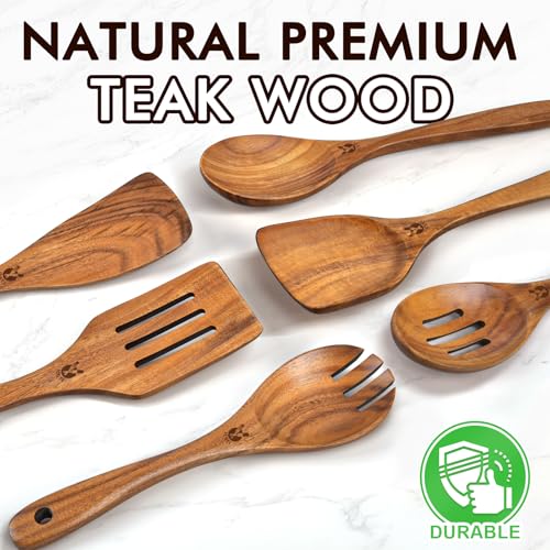 Wooden Spoons for Cooking, 6 Pcs Natural Teak Wooden Kitchen Utensils Set, Cooking Utensils Set with Long & Comfort Grip, Wooden Spoons Spatula Set Perfect for Non-Stick Cookware