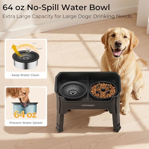 URPOWER Mess Proof Elevated Dog Bowls 4 Height Adjustable Raised Stand | No Spill Water Bowl, Slow Feeder Dog Bowls, Non-Slip Food and Water Bowl Set for Small, Medium & Large Dogs
