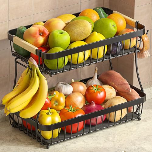 Sevenblue 2-Tier Fruit Basket with Banana Hangers, Detachable Metal Bowl | Wooden handle, protective mats included. Versatile holder for bread, snacks, and veggies. Large 2 tier metal design.