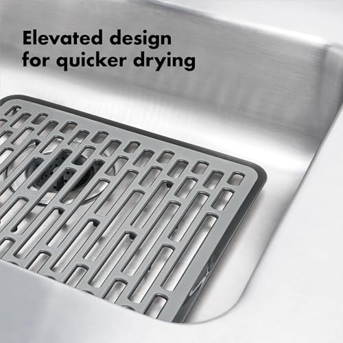 OXO Good Grips Small Kitchen Sink Mat with Drain Holes, Silicone Sink Mat | Non-Slip Rubber Sink Bottom Mat, Protects Dishes And Sink, Kitchen Sink Protector, Drain Holes, Gray
