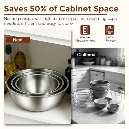 Gronivex Stainless Steel Mixing Bowls Set, 3-Piece (1.5, 2.2 & 3.4 Qt) | Food-Grade Metal, Dishwasher safe，Stackable Nesting & Space-Saving – For Kitchen Baking, Salads, Meal Prep, RV & Camping