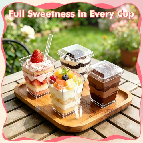 LAIYPHO 5oz Plastic Dessert Cups with Lids and Spoons, Clear Square 20 Pack | Small Yogurt Parfait Cups with Lids, Mini Dessert Shooter Cups with Spoons, Appetizer Cups for Party, Fruit Pudding Ice Cream