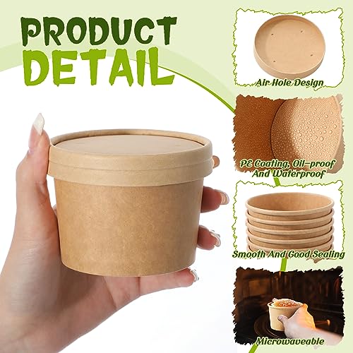 Fulmoon 8 oz 100 Pack Paper Containers with Lids Soup Bowl Cup, Brown | Disposable Ice Cream Cup, Kraft Food Containers with Vented Lid Stackable for Hot Soup Dessert Cake Fruit Microwave Takeout