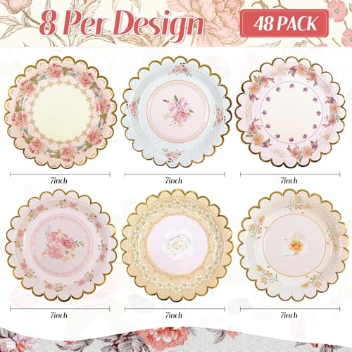 Xjoviative 48 PCS Vintage Floral Paper Plates 7 inch, Scalloped Flower Tea Party Plates Disposable Cake Dessert Plate for Birthday Bridal Shower Baby Shower Wedding Party Decorations (Floral)