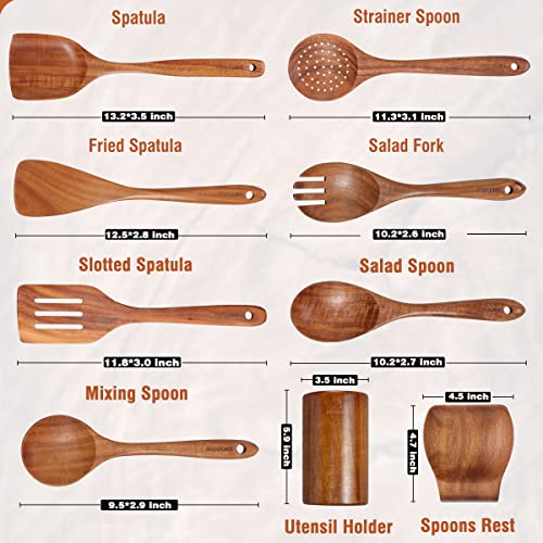 Mooues Wooden Kitchen Utensil Set, 9 Piece Natural Teak with Spoon Rest | Wooden Cooking Utensils with Comfort Grip, Smooth Durable Heat Resistant Cooking Spoons and Utensils Holder for Cooking