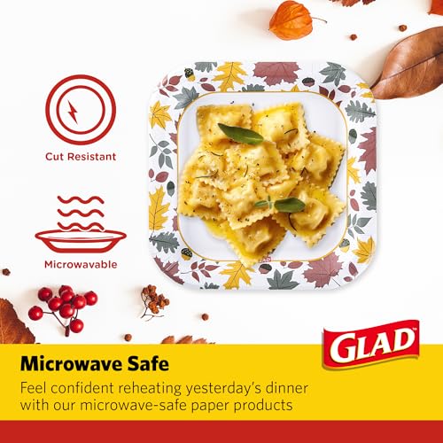 Glad Square Disposable Paper Plates, Falling Foliage, 10 Inch, 20 Count | Soak-proof, microwave-safe, cut-resistant design, for fall and Thanksgiving gatherings, seasonal use