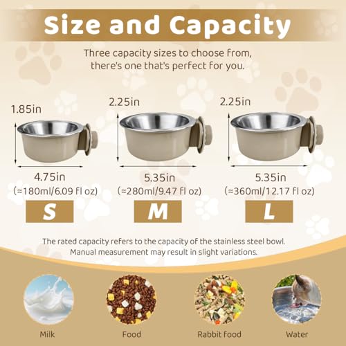 2Pcs Pets Lightweight Stainless Steel Bowl,Removable Stainless Steel Pet Hanging Food Water Feeder Bowl for Puppy Dog Cat Rabbit Ferret Bird Gunea Pigs (Gray-Small)