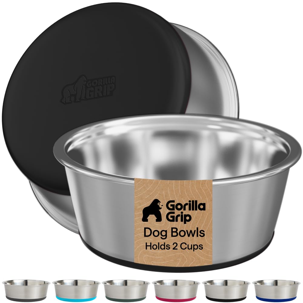 GORILLA GRIP Dog Bowl Set, Food Grade 304 Stainless Steel, 2 Cup, Black | Dishwasher Safe Stainless Steel Pet Feeding Bowls Hold 16 fl oz Each, Durable Silicone Grip Base