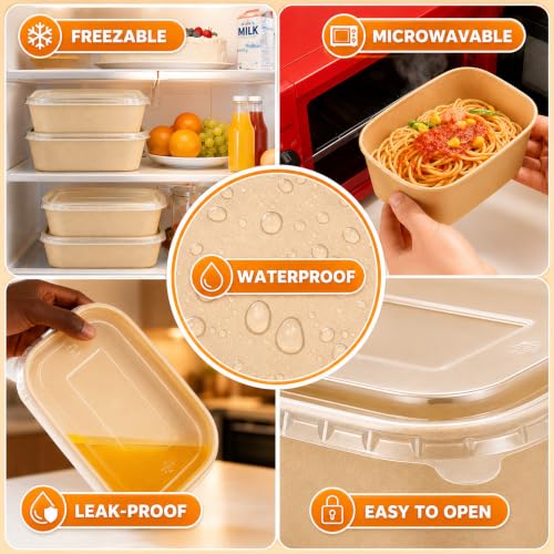 Kaderron 50 Pack 32 OZ Large Paper Bowls with Lids【with Spoons and Forks】, Heavy Duty Disposable Meal Prep Containers for Party, Disposable Bowls Bulk Soak-Proof and Microwave Safe for Hot/Cold Use