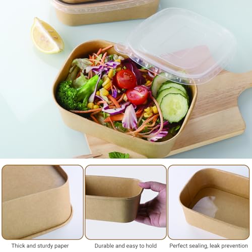 Belinlen 50 Sets 25oz Disposable Kraft Paper Bowls with Lids, Rectangle | Paper Food Containers with Lids, Salad Bowls for Hot/Cold Food, Soup, Meal Prep, Ice Cream, Takeout, Party Supplies(750ml)