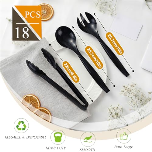 Mwellewm Plastic Serving Utensils Set, Disposable Tongs Spoons for Buffet | 10Inch Heavy Duty, BPA free,18Pc Party Catering Supplies Buffet Display Utensils for Restaurant, Wedding, Banquet, Food,Black