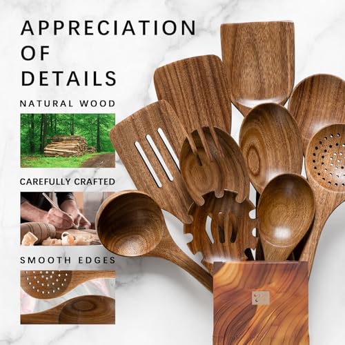 Hefild Wooden Spoons for Cooking, 10-Piece Acacia Wood Cooking Utensil Set | Spoons and spatulas stir, mix, flip and serve; balanced handles offer control while staying gentle on nonstick cookware.