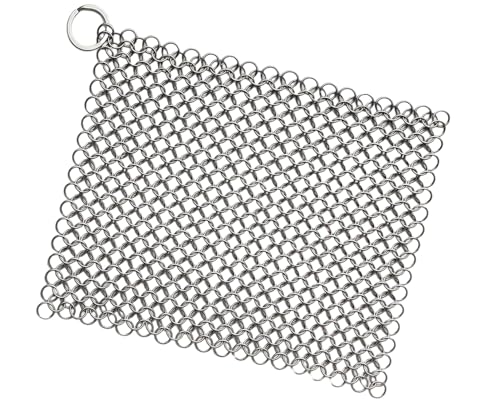 PIBC 8"x6" Cast Iron Scrubber Stainless Steel Chainmail Cleaner for Pre-Seasoned Pans, Griddles, BBQ Grill and Pot Cookware Cleaning