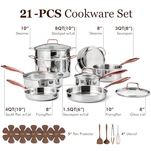 CAROTE 21 PCS Tri-Ply Stainless Steel Cookware Set Pots and Pans Set, Gold