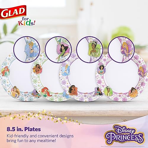 Glad for Kids Disney Princess Disposable Paper Plates, 8.5 in, 40 Count | Soak-proof, heavy duty design for everyday meals, school lunches, and birthday parties
