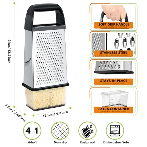 Cheese Grater With Container Box Grater Stainless Steel Kitchen Black | Dishwasher Safe 4 Sided Vegetable Shredder Zester Cheese Shredder Box Gratters for Carrot Potato Parmesan Citrus Lemon Gift