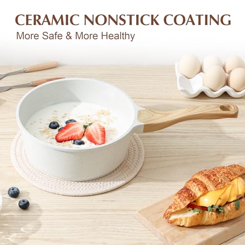 SENSARTE White Ceramic Nonstick Saucepan with Lid Set, Small Cooking Pot with Stay Cool Handle, Induction Compatible Saucepot, White Granite Coating, PFOA/PFAS Free, 1.5 + 2.5QT