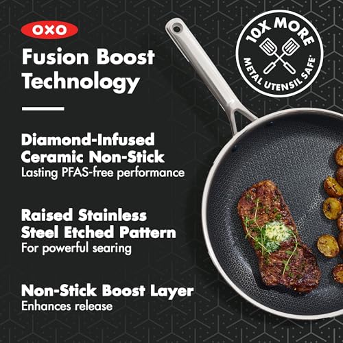 OXO Hybrid 10 Piece Cookware Pots & Pans Set, PFAS-Free Ceramic Nonstick, Fusion Boost Tech for Powerful Searing, Induction & All Cooktop Compatible, Dishwasher Safe, Mirror Polished Tri-Ply