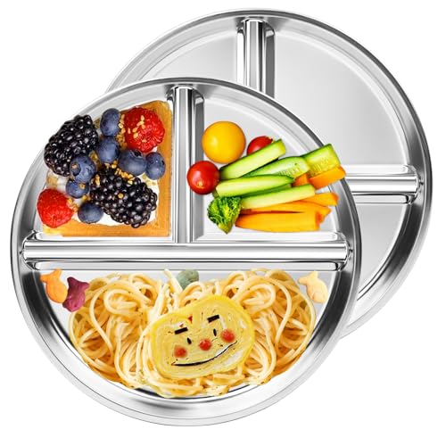 Bakpoco Stainless Steel Kids Plates 2 Packs, 9" Toddlers Divided Plates, Portion Control Plate for Bariatric Adults, Non Toxic Unbreakable Baby Dinner Dishes, 304 Metal Camping Food Tray
