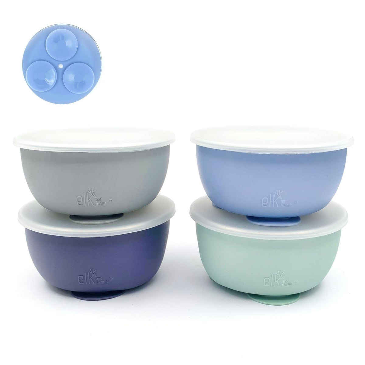 Elk and Friends Kids/Toddler Stainless Steel Suction Bowls + Lids | 4pk | Suitable for Babies | Silicone Suction Sleeves | Lids Included | Stay Put Suction | Dishwasher Safe | Baby Weaning Supplies