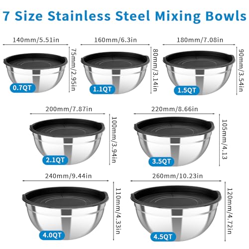 YJSLICT Stainless Steel Mixing Bowls with Lids, 7-Piece Nesting Bowl Set | 7 Sizes: 0.7–4.5 QT, Stackable Stainless Steel Mixing Bowls with Lids for Baking, Prep, Serving and Storage