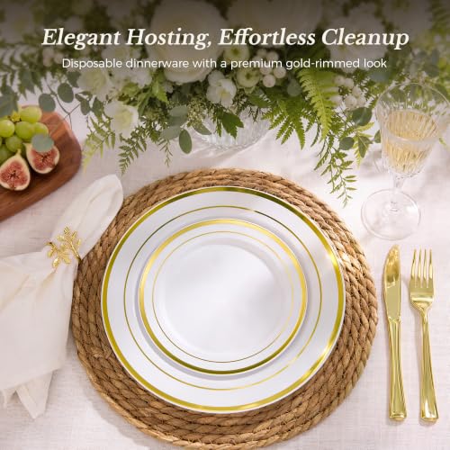 BESTVIP 200PCS Gold Plastic Plate, Disposable Party Plates | 100 Dinner Plates and 100 Dessert Plates, Plastic Plates for Party, Wedding and Birthday