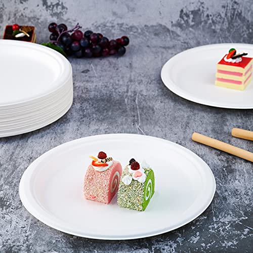 Vplus 150 Pack Compostable Bagasse Paper Plates 10.25 inch, White | Super Strong Paper Plates, 100% Bagasse, Natural Biodegradable, for Dinner, Gathering, and Picnic