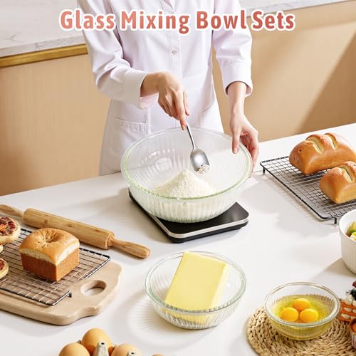 Glass Mixing Bowls with Lids Sets, 5 PCS Serving Bowls for Party or Kitchen | For Baking, Meal Prepping and Salad, Bpa Free and Dishwasher and microwave Safe Serving Bowls, 0.2/0.5/1.1/2.1/3.7Qt