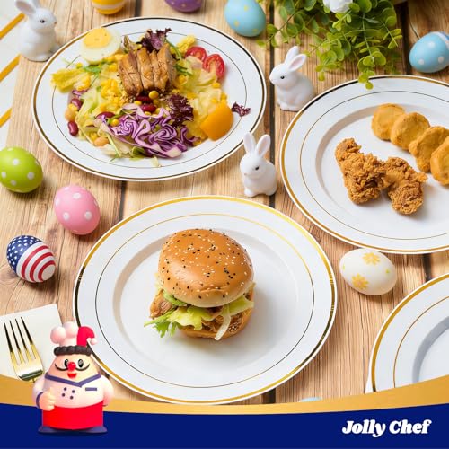 100PCS Plastic Plates 10 Inch Heavy Duty Disposable Plates for Everyday Use | White Disposable Plastic Plates with Gold Rim for Weddings, Parties, Christmas, Birthdays and Events