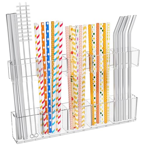 Mpotmiy 9.5" Large Acrylic Straw Holder for Cabinet Door, Straw Organizer | Transparent organizer with ultra-sticky adhesive, drainage holes and adjustable height for utensils and tumbler accessories.