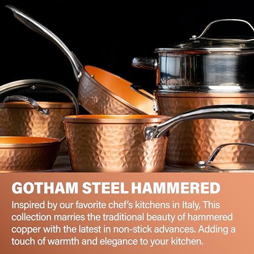 Gotham Steel Hammered 15 Pc Ceramic Cookware Set, Induction Pots and Pans Set Non Stick with Cooking Utensils & Steamer, Non Toxic Ceramic & Titanium Coating PFOA PFOS Free, Oven & Dishwasher Safe