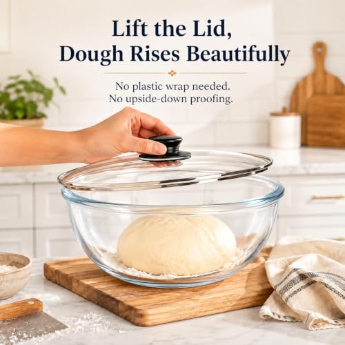 6 QT Large Glass Mixing Bowl with Lid for Sourdough Bread Making & Proofing | Dough Rise Clearly in This 6QT Glass Bowl with Ventilated Lid Oven-Safe Ideal for Sourdough Proofing Mixing & Storing