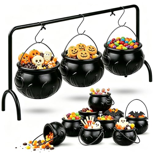 CESOF 12 Pcs Cauldron Halloween Party Decorations Witches Cauldron Bowls | Hanging Black Plastic Cauldron with Iron Rack Large Mini Candy Bucket Serving Punch Bowl for Table Hocus Pocus Indoor Decor