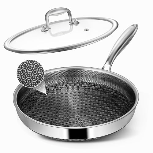 Vocvee Frying Pans, 10-inch with Lid, Hybrid Frying Pans Stainless Steel Skillets, Dishwasher & Oven-Safe, Stay-Cool Handle, PFOA Free Cookware, Compatible with All Cooktops